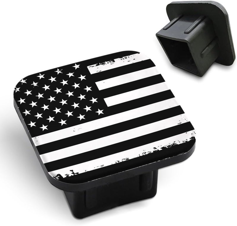 Tnomchey American Flag Trailer Hitch Cover 2 Inch Grunge White Black Stars Stripes Retro USA Trailer Hook Dust-Proof Plug Square Mouth Protection Cover Rubber Receiver Tube Hitch Plug for Cars - Image 1